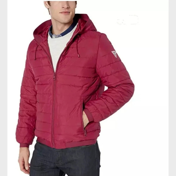 Guess Men XL Red Full-zip Hooded Puffer Jacket Lightweight Pockets - Picture 1 of 15